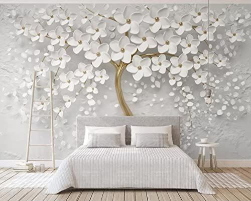 NEWWALLMURAL Papier Peint 3D Intissé Arbre À Fleurs Blanches Papier Peint Panoramique 3D Moderne Décoration Murale