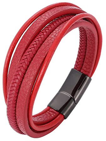 Skcess Bracciale da uomo nero, catena bracciali in pelle a 5 strati braccialetto in acciaio inossidabile e metallo per uomo, 16.5cm, Senza pietre preziose