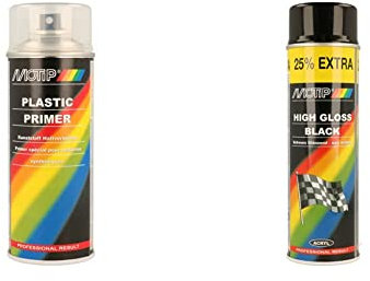 Motip Apprêt pour Plastiques - 400ml, Transparent & Rallye Peinture - Noir brillant - 500ml