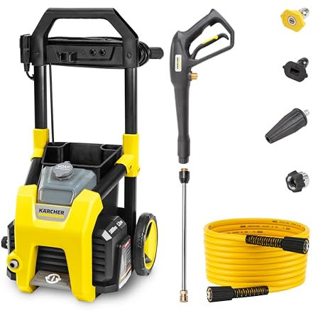 Kärcher Pressure Washer, Detergent Tank, Start/Stop Foot Switch, Onboard Storage Container, 3 Spray Nozzles, 1.46 GPM Max - for Cars, Decks, Patios, Driveways and Siding - K1800PS