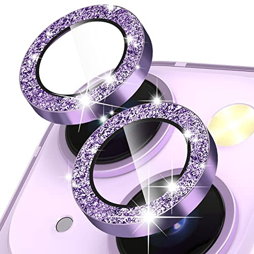 CloudValley Camera Lens Protector Compatible with iPhone 14/iPhone 14 Plus, [Tempered Glass & 9H Hardness] HD Tempered Glass and Aluminium Alloy Camera Protector – GlitterPurple