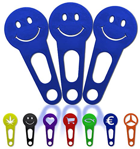 OnAir 3 x Einkaufswagenlöser zum abnehmen als Schlüsselanhänger; Einkaufswagenchip sofort abziehbar 3 Stück im Set; Handmade (Blau, Happy Face)