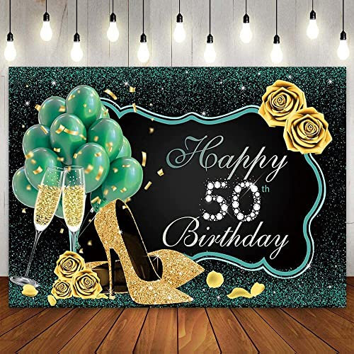 50. Happy Birthday Kulisse Grün Gold Schwarz Für Frauen Party Hintergrund Rahmen High Heels Rose Fifty Bday Banner Po Stand