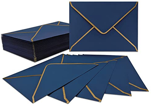 LYHLYA 50 PCS Invitation Envelopes A7 Size, Blue 5 x 7 Inch V-Flap Mailing Card Quick Seal Gold Border 5x7 Cards, Birthday, Weddings, Graduations, Greeting Cards (Envelope-10-blue)