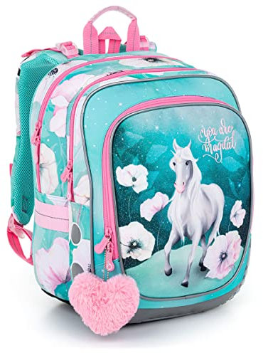 TOPGAL ENDY Schulrucksack ab 1. Klasse - Ergonomisch Schulranzen für Kinder - Schultasche für die Grundschule ((Pferd 2 Blau Rosa))