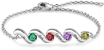 Lam Hub Fong Personalisierte Damenarmband mit eingravierten Namen Silberarmband mit Geburtsstein Kindernamen Armband für Mutter Ehefrau Tochter Familie Muttertagsgeschenke Geburtstagsgeschenke