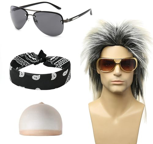 Hifot Punk Vokuhila Perücke Herren Damen 80er Jahre Outfit, Bandanas Schwarz Sonnenbrille, Rocker Perücke Graue 70er 90er Hip Hop Disco Kostüm Accessoires für Cosplay Party Karneval Halloween