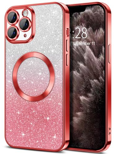 Hython for iPhone 11 Pro Case Clear Magnetic Glitter Phone Cases [Compatible with MagSafe] Full Camera Lens Protector Slim Gradient Sparkle Luxury Plating Shockproof Protective Cover Women, Red