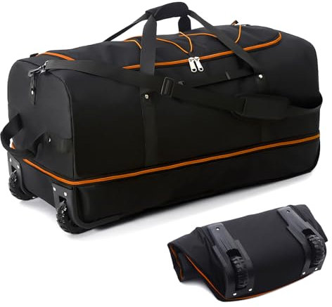 Bagenerous Faltbare Reisetasche mit 2 Rollen, 81,3 cm, 110 l, 140 l, erweiterbare Reisetasche mit mehreren Fächern, Schwarz/Orange