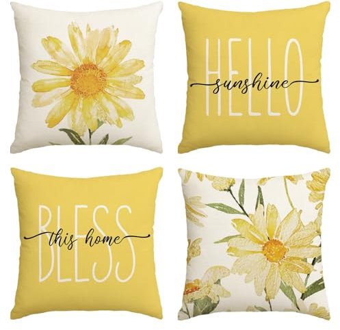 Artoid Mode Gelb Sonnenschein Gänseblümchen Frühling Kissenbezüge 4er Set, 45x45 cm Sommer Hello Sunshine Zierkissenbezug Couch Wohnzimmer Deko