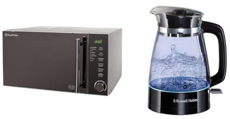 Russell Hobbs RHM2017 20L 800W Silver Digital Microwave, Child Safety Lock, Automatic Defrost & Carafe Style 1.7L Cordless Electric Glass Kettle with black handle, lid & base
