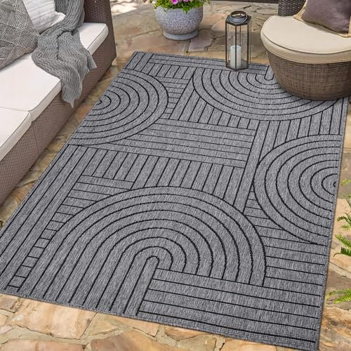 carpet city Outdoor Teppich Wetterfest 120x170 cm - Grau-Anthrazit - Wendeteppich, Beidseitiges Geometrisches Muster - Balkonteppich Wasserfest Outdoor - Terrassenteppich