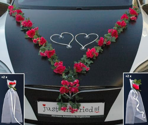 VIP Girlande 30 Azaleen 30 Rosen 18 extrastarken Saugnäpfen 2 x 180 cm Girlande 4 Türgriffdekorationen 2 Rattanherzen Braut Paar Autoschmuck Hochzeit Car Auto Wedding PKW ®Auto-schmuck (Pink 2)