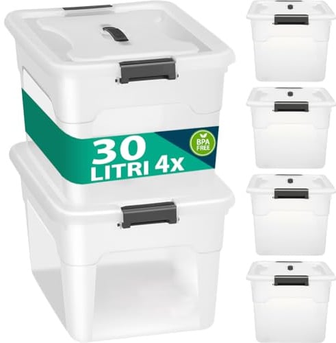 BAKAJI Set 4 Contenitori con Coperchio per Vesiti in Plastica, Portaoggetti Impilabile per Stoccaggio Vestiti, Scatole per armadio, Giocattoli, Libri, Salvaspazio