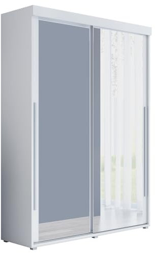 Meble Slupia Kleiderschrank Schiebetüren Slim 2-150 x 202 x 46 cm - Schrank Schlafzimmer, Vorraum, Garderobe - Tür mit Zwei Spiegeln, Kleiderstange - Holzwerkstoff, Silberner Griff, Weiß