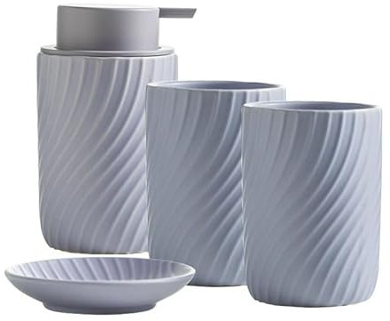 XUDREZ Set di accessori per il bagno: 4 accessori da bagno in ceramica, set completo, accessori da bagno con 1 dispenser di sapone, 1 portaspazzolino, 1 bicchiere e 1 portasapone (viola)