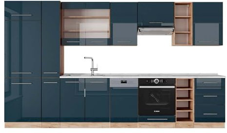 Vicco Küchenzeile Fame-Line, Dunkelblau Hochglanz/Goldkraft Eiche, 355 cm, AP Marmor
