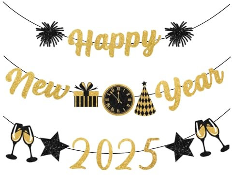 Frohes Neues Jahr Banner - Silvester Supplies 2025, Black Gold Frohes Neues Jahr Banner Outdoor, Silvesterdekorationen, Girlande -Hänge -Banner für Neujahr Prty Bunting Home Bar Outdoor Dekorationen