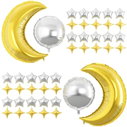 Stern Luftballons Silber,44PCS Große Mond Silber Luftballons,Stern Folienballons Silber, Silber Star Foil Balloons,Helium Ballon Stern für Geburtstag Babyparty Jubiläum Hochzeit Dekoration (Silber)