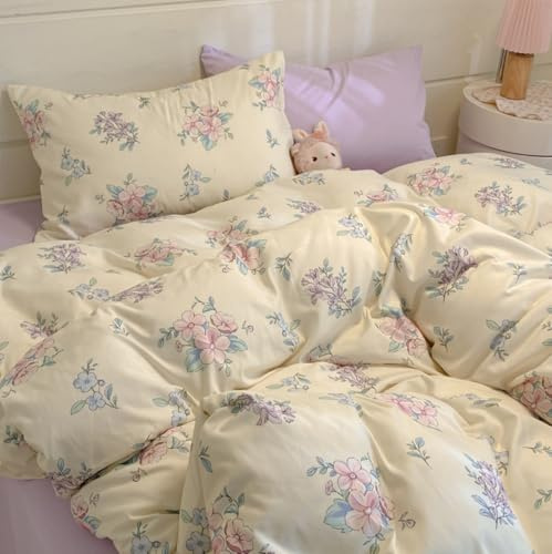 Sedefen Blumen Bettwäsche 155x220cm Rosa Lila Floral Mädchen Beige Bettbezug Pflanzen Blumenmuster Weiche Microfaser ÖKO-TEX Renforce Bettwaren-Sets mit Reißverschluss und 1 Kissenbezug 80x80cm