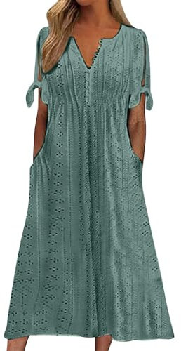 Sommerkleider Damen Leicht und Luftig Lang Kleid Bohemian Kleider Kurzarm Midikleid Elegant Strandkleid Lässiges Shirtkleid mit Taschen Freizeitkleid Hohe Taille A Linie Wickelkleid für Frauen