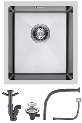 KINKIBOS Spülbecken 304 Edelstahl 40 x 45, Küchenspüle mit Überlauf &Siphon | Edelstahlspüle mit Ablaufgarnitur Komplett Einbau, Unterbau, flächenbündig, 1 Becken für 45 cm Unterschrank