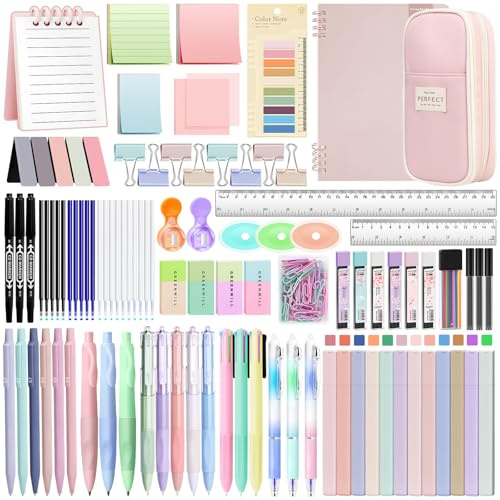 YIBONIKA 147 PCS Aesthetic Stationery Supplies with Pink Pen Case & Notebook, 12 Pastel Highlighters, 3 Erasable Pens, 5 Black Pens, 6 Mechanical Pencils, Stationery Set College Essentials