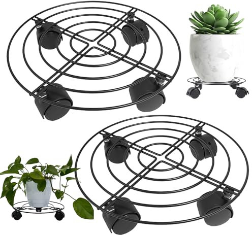 Porte Plante à roulettes, 2 Pièce Supports De Pots De Fleurs à roulettes Métal avec Roues Verrouillables pour Intérieur et Extérieur, Soucoupe Pot Fleur avec roulettes 32 cm, Porte Plante Exterieur