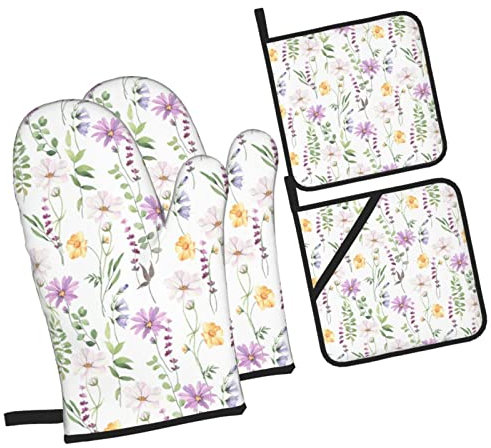 4 Stück Handschuh Set Spring Poppy Flower Botanical Küchenhandschuhe Rutschfestes Weichem Oven Gloves Für Backen, Kochen, Die Küche