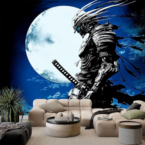 3D Papier Peint Mural Samouraï avec Lune, Bleu et Noir Papier peint panoramique 200 x 140 CM (L x H) - Décoration Murale Guerrier Japonais Pour Salon Chambre D'Enfant Thème Asiatique