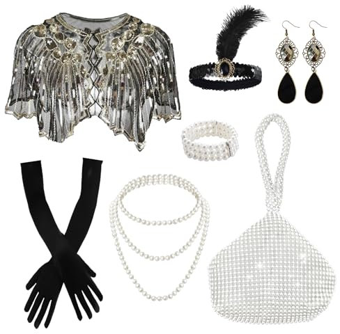 Ginkago 20er Jahre Accessoires Damen 20er Jahre Charleston Kostüm Perfekte für 20er Jahre Kostüm Damen, Karneval, Halloween (Schwarz-7PCS)