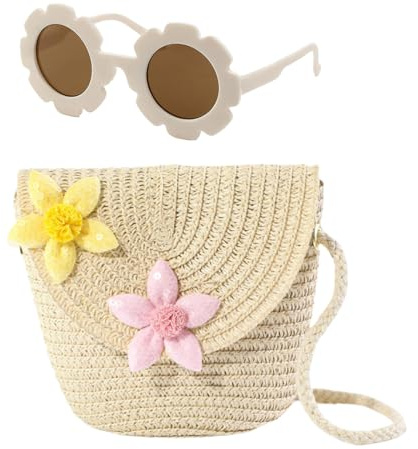 AWAVM Ensemble sac à bandoulière pour filles – Joli sac à main avec lunettes de soleil à fleurs, sac à main tressé réglable pour enfant (rose/beige, 12 x 14 cm), fleur, 59*28*10cm