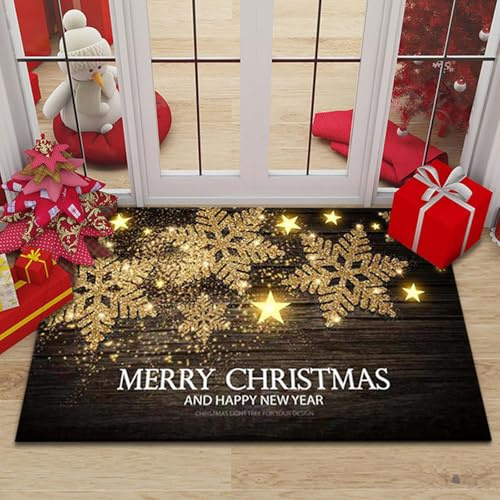 Gleemix Fußmatte Weihnachten Schneeflocke, Türmatte rutschfest Waschbar, Weihnachts Fussmatte Innen und Außen, Rote und Gold Farbgebung Weihnachts Fußmatte Winter, 50x80 cm