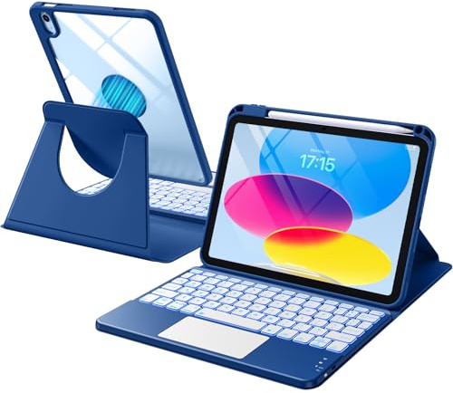 Harvopu for iPad A16 11th/10th Generation Case with Keyboard, 360 Rotation | Detachable Cover with Pencil Holder, Multi-Touch Trackpad, 7 Colors Backlit Keyboard for iPad 11 Inch/10th Gen, Navy Blue