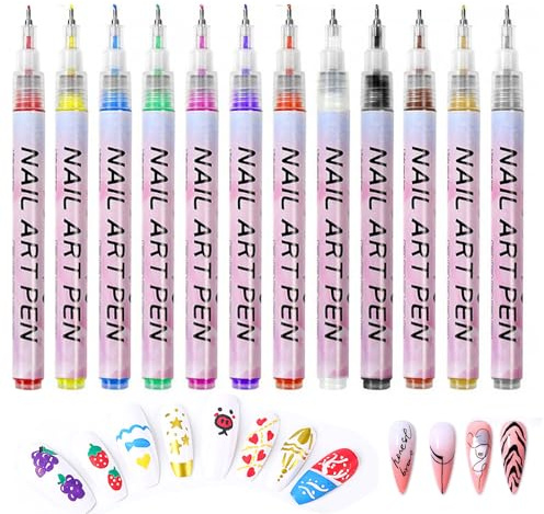 Kivinia 12 Farben 3D Nagellack Stifte Set, 0,5MM DIY Linie Nailart Graffiti Stifte, Schnelltrocknender Nagelkunststift, Acrylfarbe Nailart-Stifte-Set für Zuhause und Den Salon Nagel-DIY