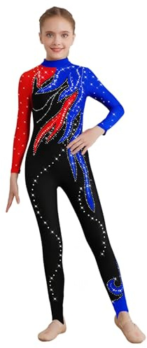 Eandarui Voltigieranzug Mädchen Lang Kinder Ballett Ganzkörperanzug Turnen Langarm Sportbody Gymnastik Trikot Farbblock Patchwork Leotard Mit Strass