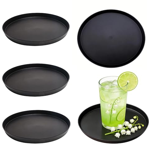BXUUXA 4 Pz Vassoio da Portata Rotondo,Vassoio Rotondo in Plastica da da 29 cm,Vassoi Tondi da Portata per Servizio Ristorante, Bar, Cucina Casa, Nero