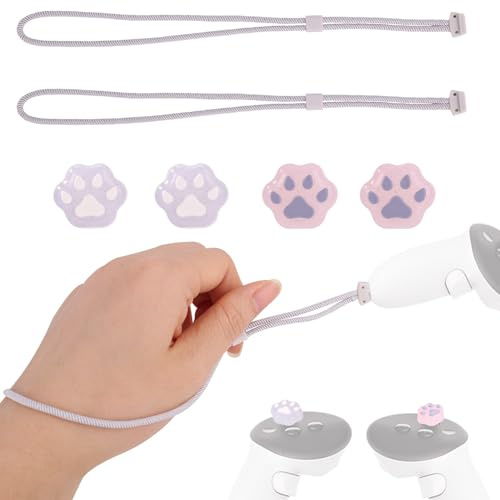 2 Stück Controller Handgelenk Schlaufen für Oculus 3/ 3s, Rutschfeste Ersatz Handgelenk Schlaufen mit 4 Stück Katzenpfote Joystick Kappe Präzise Kontrolle & Schutz Joystick