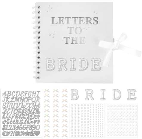 Penitue 21x20,5cm Scrapbook-Set Letters to the Bride, Hochzeits-Erinnerungsbuch Weißes Gästebuch für Braut DIY-Fotoalbum mit metallischen Buchstaben Perlenstickern Sowie Schleifen Geschenk Brautparty