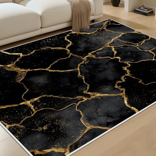 RRUxiia Schwarzer Gold Marmor Teppich Tinderzimmer Kurzflor 180x240 cm Gold Schimmer Textur Carpet rutschfest Unterseite Waschmaschine Modern Luxus Teppich für Bettvorleger Schlafzimmer Wohnzimmer