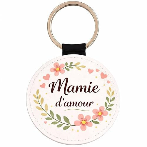 Porte-clé mamie personnalisé en simili cuir – Message personnalisable avec petites fleurs – Cadeau fête des grands-mères, maman ou famille