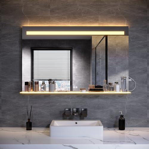 SUNXURY LED Badspiegel, 1000x650 mm, mit Ablage aus gehärtetem Glas, 3 Farbtemperaturen+Antibeschlag+Touch-Schalter und Steckdose, Wandspiegel, LED-Badezimmerspiegel, Kosmetikspiegel