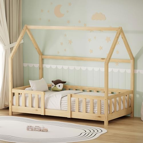 ML-Design Kinderbett Hausbett 80x160 cm mit Rausfallschutz, Dach & Lattenrost, Natur, Bettgestell aus massivem Kiefernholz, Montessori Bodenbett, Holzbett für Mädchen & Jungen, Jugendbett, Einzelbett