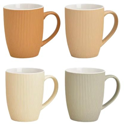 Steingut Tassen Set 4er 300 ml – Moderne Kaffeebecher mit geriffelter Oberfläche – Farbige Steinzeug Becher in Naturtönen – Spülmaschinengeeignet – Perfekt für Kaffee, Tee & Cappuccino