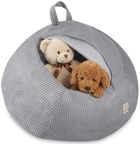 MISIOO Kinder Sitzsack Bezug für Kuscheltiere – Spielzeug Aufbewahrung & Bean Bag in einem – Cord Stoff, Waschbar, mit Reißverschluss – Kuscheltier Organizer für Kinderzimmer - Grau