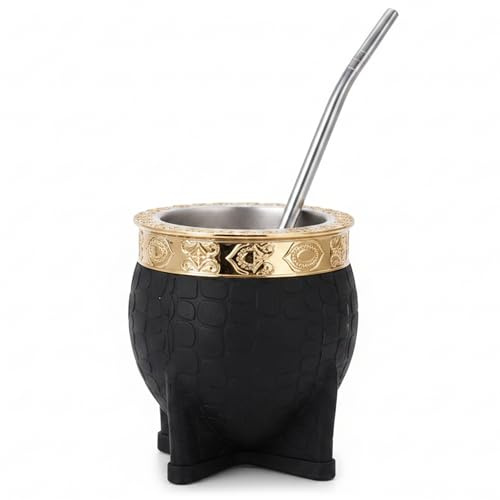 Monwssoe Mate Argentino, Copa Mate Argentina Imperial Negra - Calabaza de Acero Inoxidable con Borde Tallado y Pajita, Aislada para Bebidas Frías/Calientes