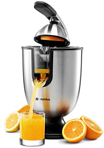 Eurolux ELCJ-1700 Electric Citrus Juicer Squeezer, for Orange, Lemon, Grapefruit, Stainless Steel 160 Watts of Power Soft Grip Handle and Cone Lid for Easy Use