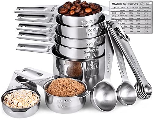 Tasses et Cuillères à Mesurer: U-Taste Ensemble de 15 Cuillères Cups Doseuses en Acier Inoxydable 18/8, 7 Tasses & 7 Cuillères & 1 Tableau de Conversion de Mesure Magnétique (Argent)