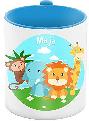 Tasse mit Namen Maja und Zoo-Motiv mit Tieren für Mädchen | Keramik-Tasse grün | Kinder-Tasse