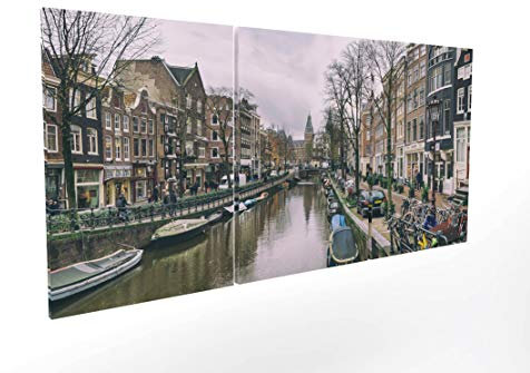 Panorama Leinwandbild Bilder Amsterdam 210 x 100 cm in 3 Stück - Gedruckt auf Leinwand mit Rahmen - Stoffbild XXL Wohnzimmer - 3 teilige Dekoration